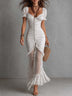 White Floral Chiffon Pleated Heart-shaped Neckline Mermaid Maxi Dress