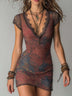 Red And Blue Floral Print V-neck Lace-trimmed Mini Dress