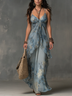 Misty Blue Floral Print Layered Irregular Strap V-neck Chiffon Maxi Dress
