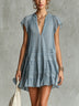 Blue Striped Chiffon Lace-trimmed Ruffled Mini Dress