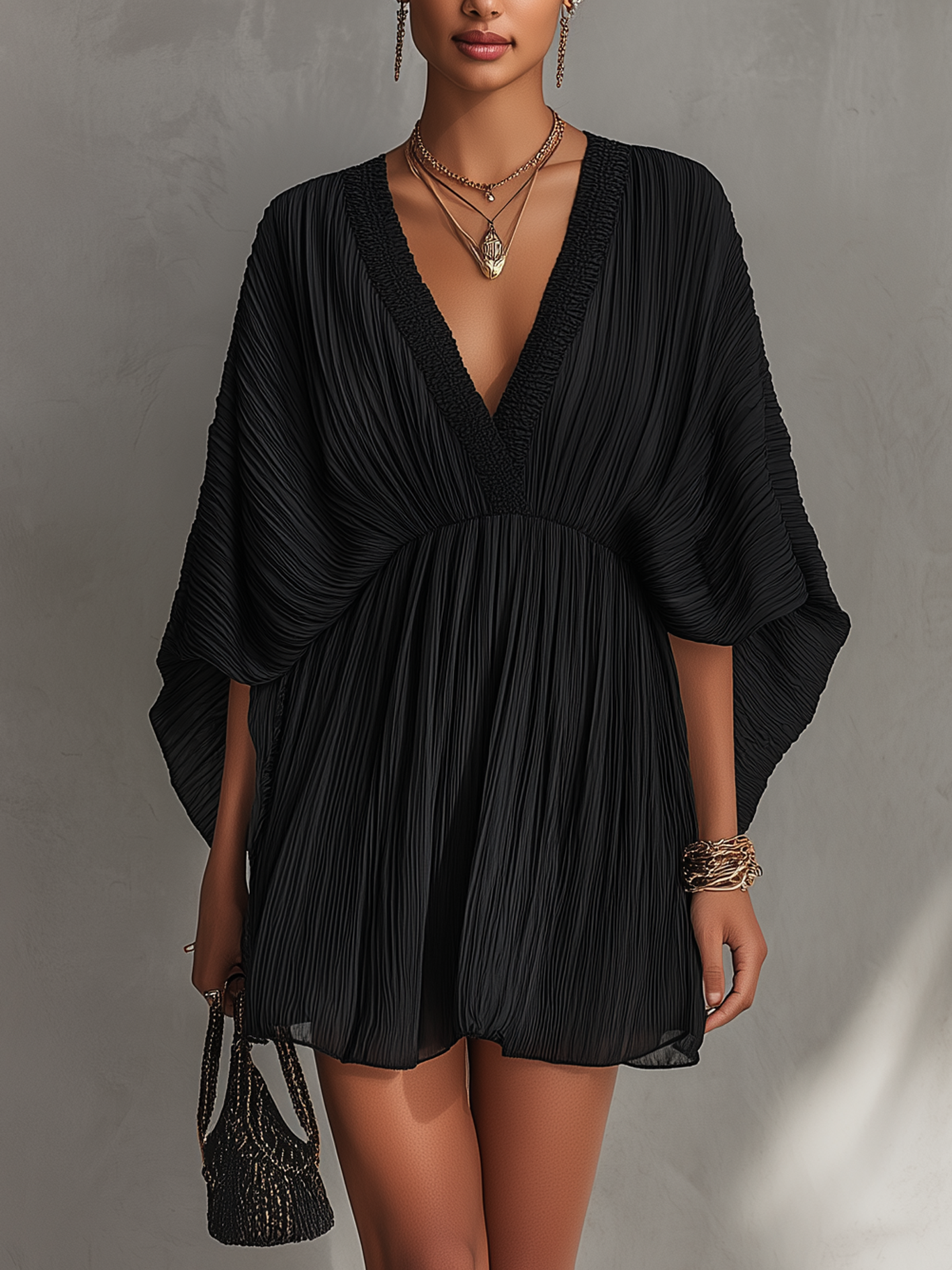 Black Pleated Chiffon V-neck Fitted Mini Dress
