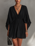 Black Pleated Chiffon V-neck Fitted Mini Dress