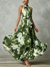 Green And White Plant Abstract Art Print Halter Neck Chiffon Maxi Dress