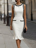 White Ruffled Trim Paired With Elegant Black Sleeveless Midi Dress