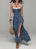 Bohemian Navy Blue Floral Print Lace-trimmed Slit Maxi Dress