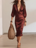 Burgundy Satin V-neck Ruffled Midi Dress