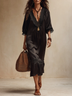 Black Satin V-neck Lace-trimmed Midi Dress