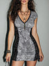Grey Vintage Print V-neck Slim-fit Lace-trimmed Mini Dress