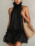 Black Chiffon Halter Neck Ruffled Sleeveless Mini Dress