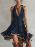 Navy Blue Knitted Trim Chiffon Lace Mini Dress