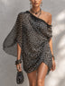 One-shoulder Black Polka Dot Lace-trimmed Chiffon Mini Dress