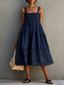 Navy Crocheted Shoulder Strap A-line Midi Dress