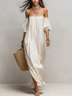 Off-white Bohemian Off-shoulder Pleated Maxi Dress