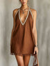 Brown Halter Neck Crochet Lace And Tassel Hem Mini Dress