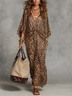 Leopard Print Knotted Batwing Sleeve Flowy Chiffon Maxi Dress