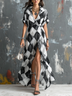 Black And White Diamond Patterned Chiffon Lapel Slit Maxi Dress