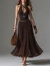 Bohemian Chocolate Brown Backless Pleated Chiffon Maxi Dress (with belt)