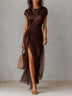 Vintage Chocolate Brown Satin Tencel Layered Slit Midi Dress