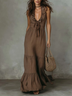 Brown Bohemian V-neck Ruffled Maxi Dress