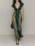 Green Retro Ethnic Print Lace-trimmed Maxi Dress