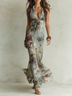 Retro Floral Print Halter Neck Fishtail Maxi Dress