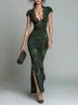 Green Retro Lace-trimmed Short-sleeved Side-slit Maxi Dress