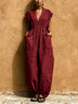 Burgundy V-neck Fitted Waist Wide-leg Jumpsuit