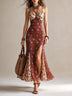 Rust-red Floral Print Chiffon High-slit Spaghetti Strap Maxi Dress