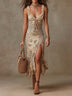Biege Bohemian Ruffle Strap Floral Print Slit Midi Dress