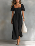 Black Square Neck Short Puff Sleeve Pleated Floral A-line Maxi Dress