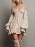 Beige Off-shoulder Spaghetti Strap Puff Sleeve Mini Dress