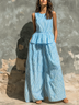Blue White Striped Ruffled Vest And Loose Wide-leg Pants Two-piece Set