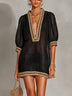 Black And Gold Lace V-neck Lantern Sleeve Mini Dress
