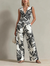 Black Tropical Palm Print V-neck Sleeveless Jumpsuit