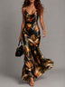 Black Draped Floral Print Satin Halter Mermaid Maxi Dress