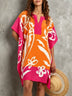 Fuchsia Color-blocked Print V-neck Kaftan Mini Dress