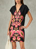 Black Zip-up Round Neck Floral Print Loose Mini Dress