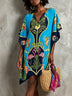 Blue Tropical Print Batwing Sleeve Kaftan Mini Dress