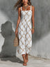 White And Camel-colored Diamond-patterned Square Neck Midi Dress