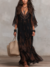 Black V-neck Three-quarter Sleeve Floral Print Chiffon Maxi Dress