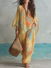 Sunset-Blooming Print Kaftan Top and Wide-Leg Pants Set