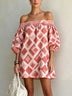 Pink Geometric Print Puff Sleeve Off-shoulder Mini Dress