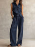 Navy Blue Shirt Workwear Belted Wide-leg Jumpsuit(With belt)