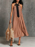 Black Bow Halter Neck Pleated Loose Brown Midi Dress