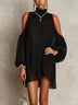 Black Pleated Chiffon Off-shoulder Mini Dress With Red Trim