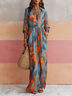 Blue Half-open V-neck Printed Fitted Shirt Dress Vacation Maxi Dress