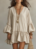 Beige V-neck Ruffled Puff Sleeve Loose Mini Dress