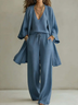 Solid Color Loose Cardigan And Drawstring Wide-leg Trousers Three-piece Set