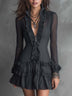 Charcoal Gray Zippered Front-opening Ruffled Tulle Long-sleeved Layered Mini Dress