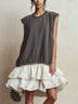 Grey Frayed Layered White Ruffle Sleeveless Mini Dress